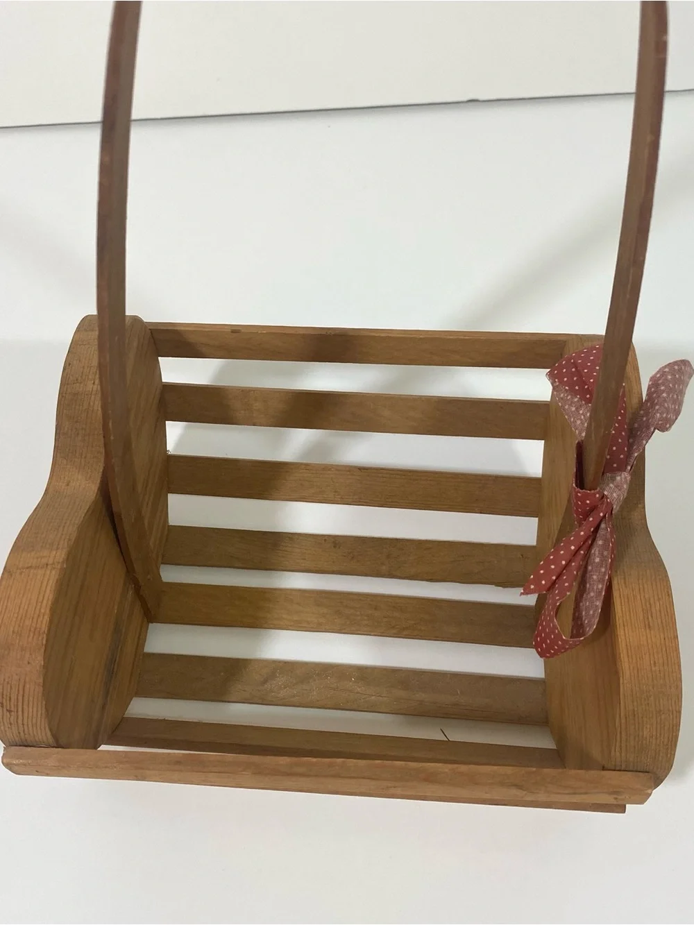 Vintage Brown Wood Handled Decorative Basket with Painted Floral Motif